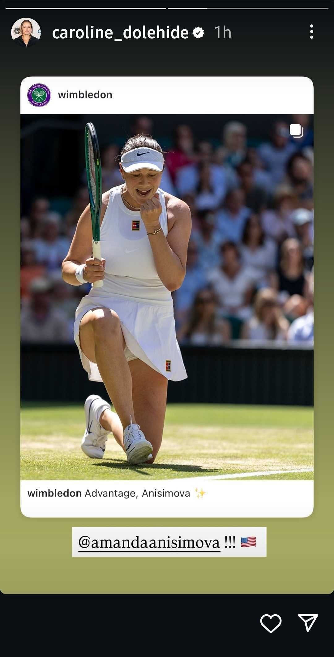 Caroline Dolehide's Instagram Story celebrating Anisimova's semifinal win at Wimbledon (Source: Instagram/caroline_dolehide)